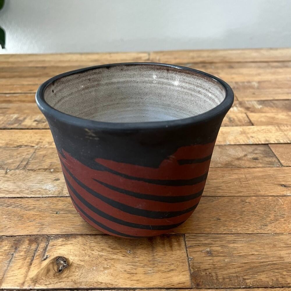 Handmade Stoneware Planter Vase 4.5 in Red Blue Striped Matte